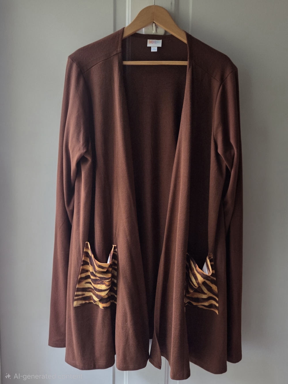 LuLaRoe Caroline XL Women's Brown Open Cardigan with Tiger-Print Pockets NWOT